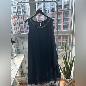 NWT SLNY Navy Dress with Embellished Neckline Size 16